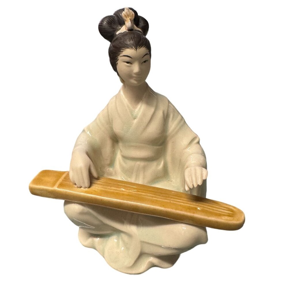 VTG Japanese Geisha Guqin Player Celadon Porcelain Statue Sculpture Figurine #2